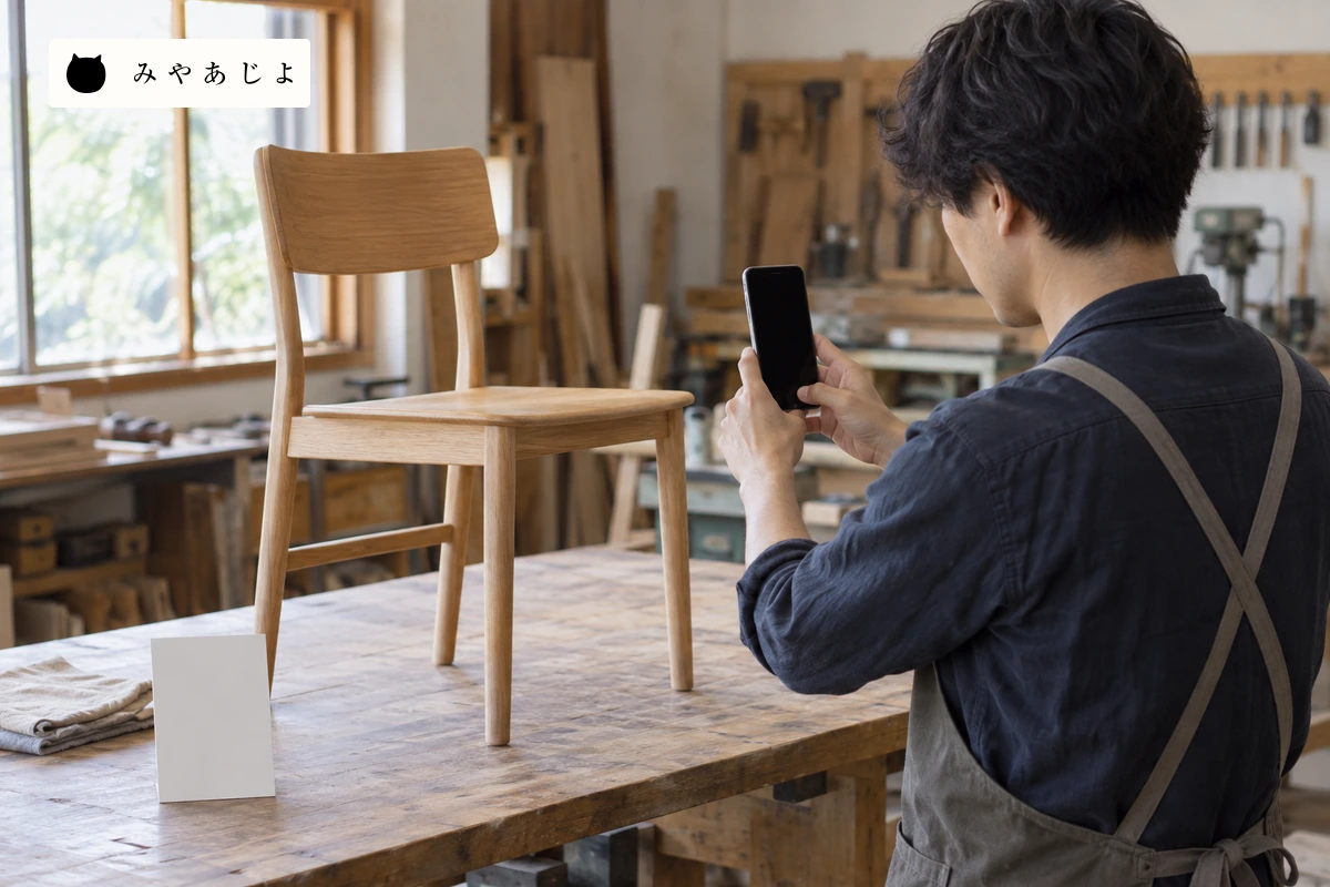 成人木工所スタッフが無地の木製椅子の全体と傷みを確認する場面