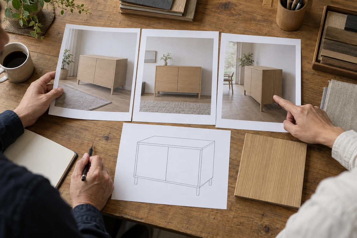 木製収納家具の写真三枚と図面を机上に並べて確認する手元