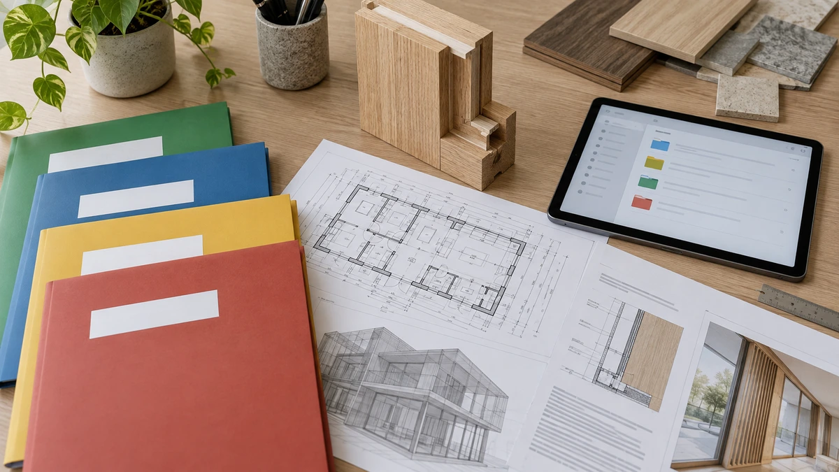 建材の見本と図面資料、ファイル一覧を並べた机