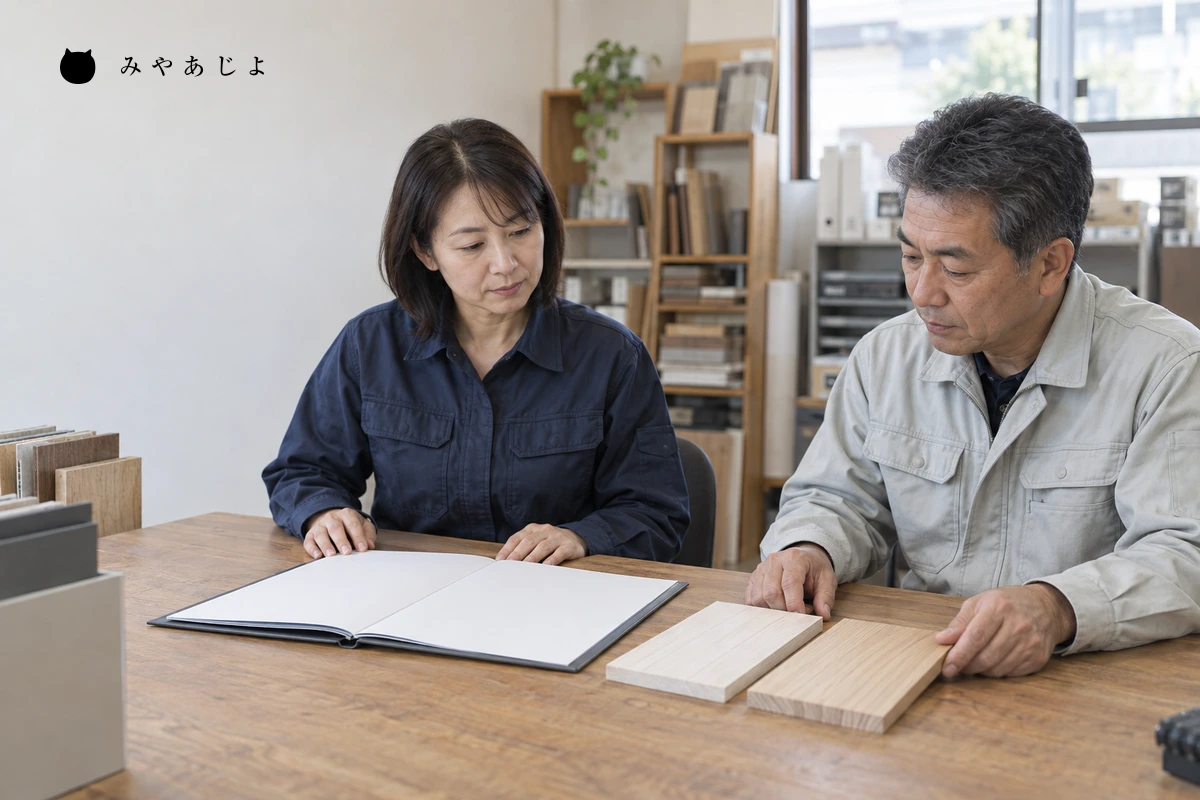 二人の担当者が資料と建材見本を確認する編集イメージ