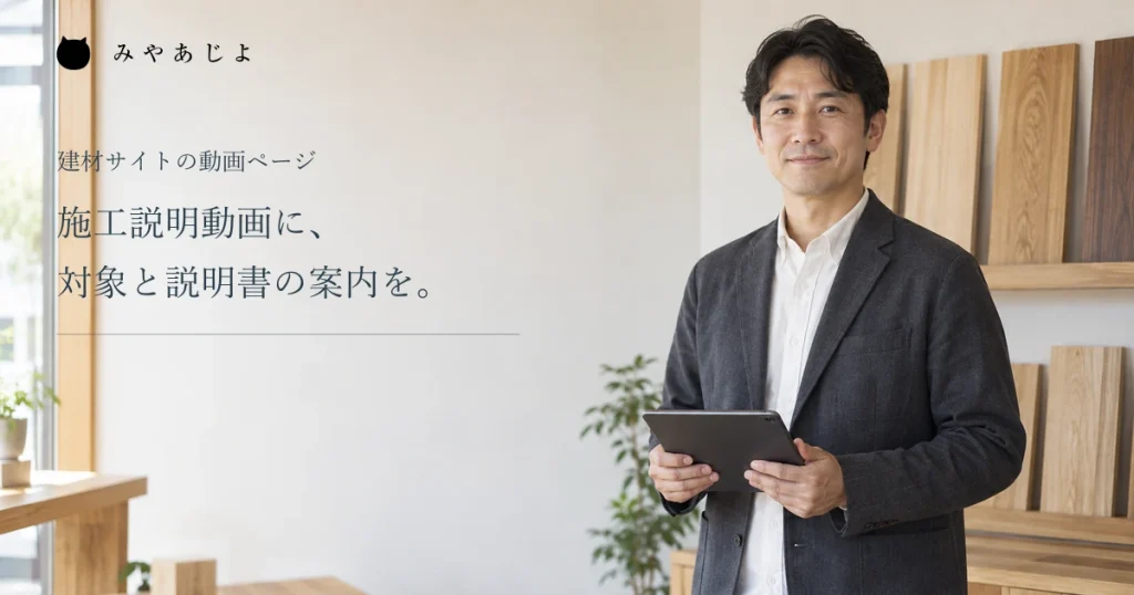 施工説明動画に対象と説明書の案内を添える見出しと、建材会社でタブレットを持つ担当者