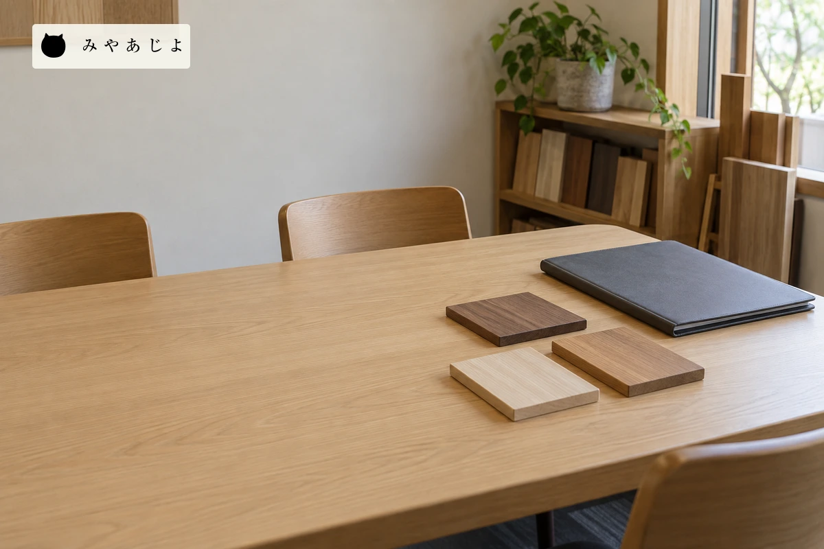 建材会社の相談卓に置いた木材サンプルと閉じた無地ファイル。実在の施工資料を示すものではない