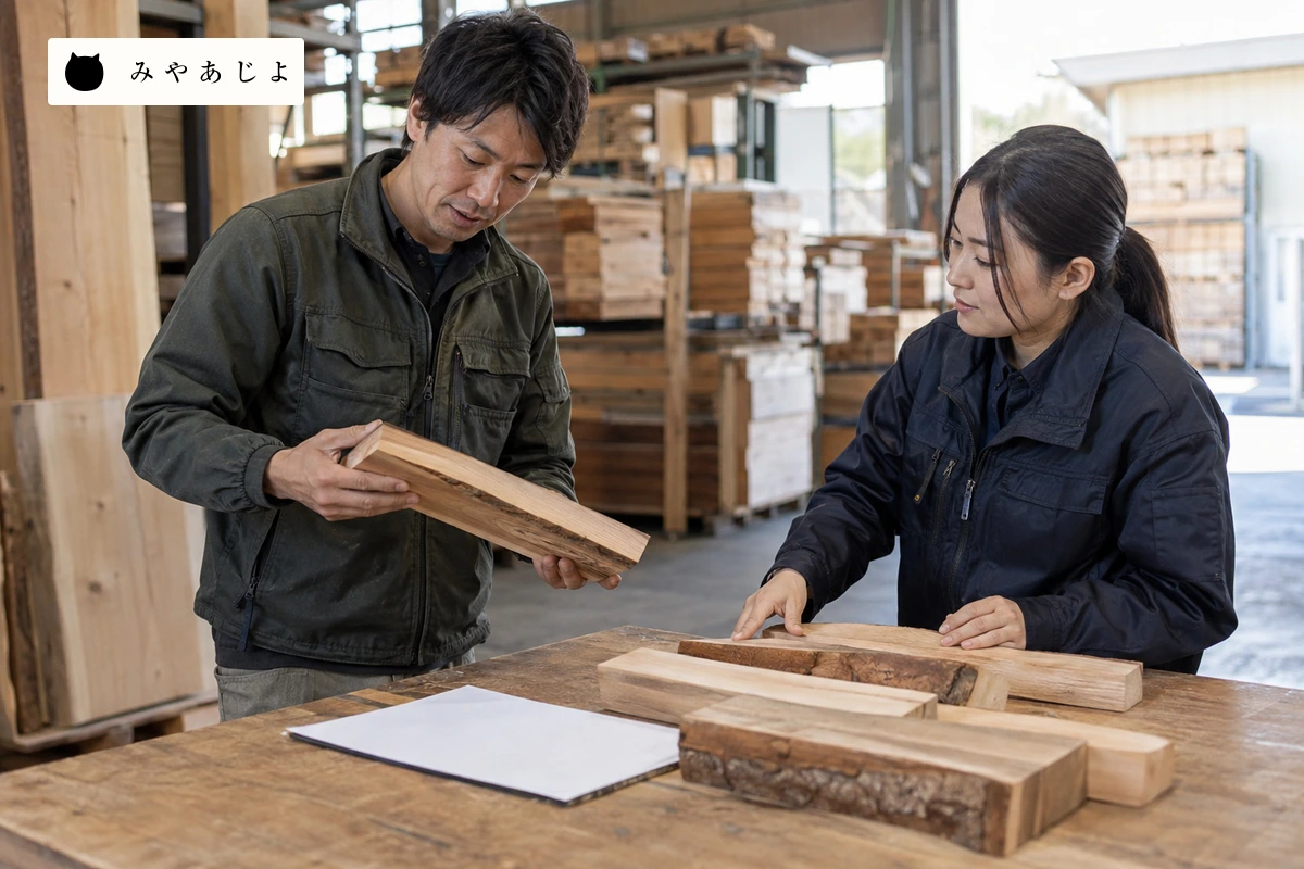 木材会社の担当者二人が板材と無記名の在庫資料を確認する場面