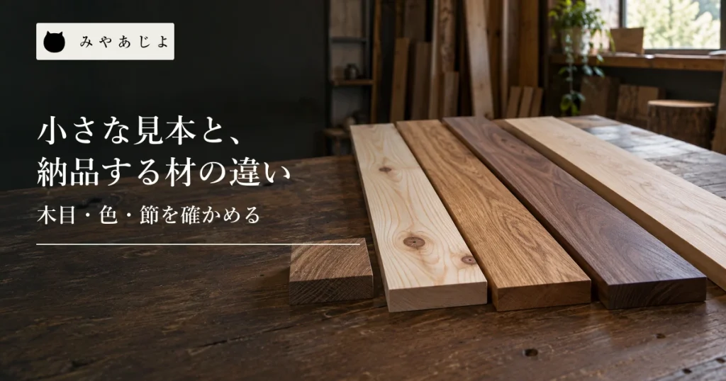 小さな木材見本と表情の異なる複数の板を作業台に並べた場面