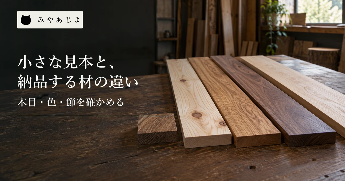 小さな木材見本と表情の異なる複数の板を作業台に並べた場面