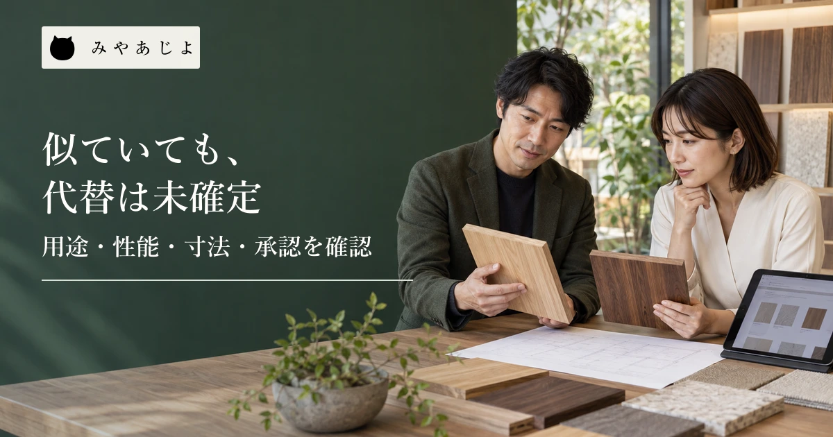 木材・建材の担当者と取引先が二つの板材見本と図面を見比べ、商品ページを確認する場面