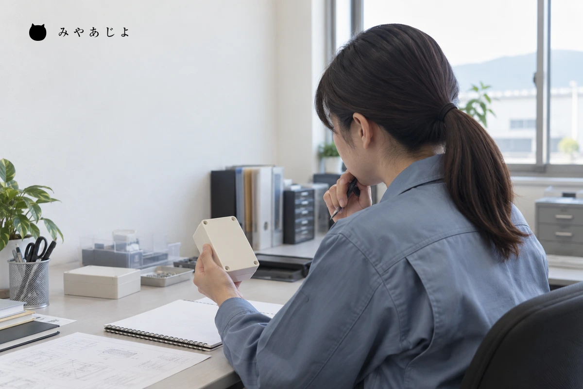 樹脂部品の見本と相談内容を確認する一人の担当者のイメージ