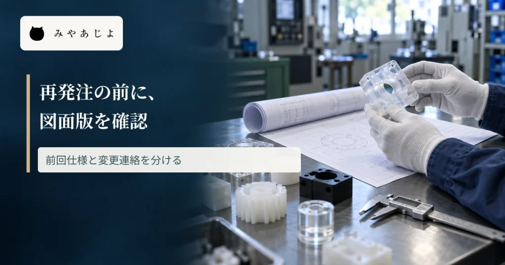 樹脂部品と図面を確認する加工現場に、再発注前の図面版確認を示す見出しを重ねた画像