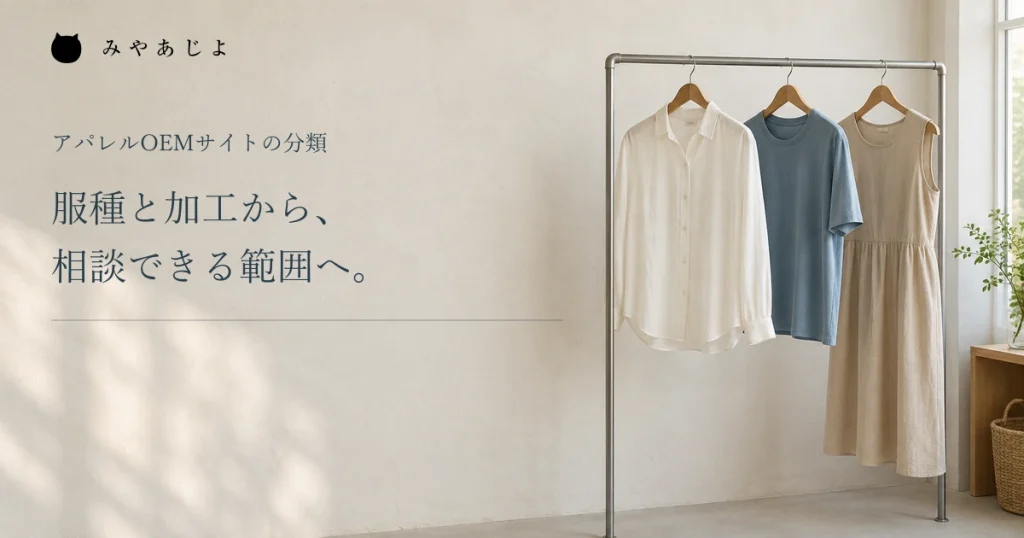 服種と加工から相談できる範囲へという見出しとサンプルラック