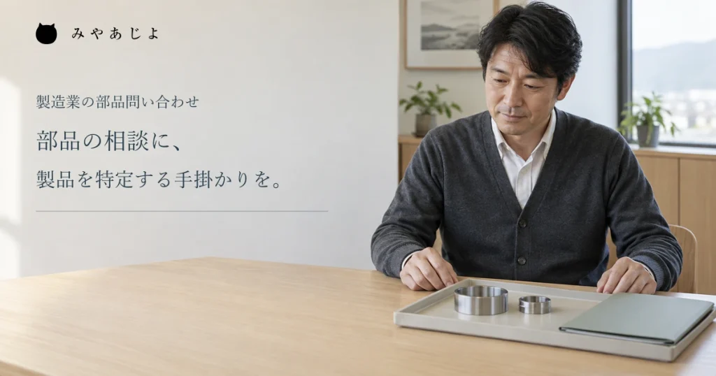 部品の相談に製品を特定する手掛かりを添える見出しと、メーカーで部品サンプルを確認する男性