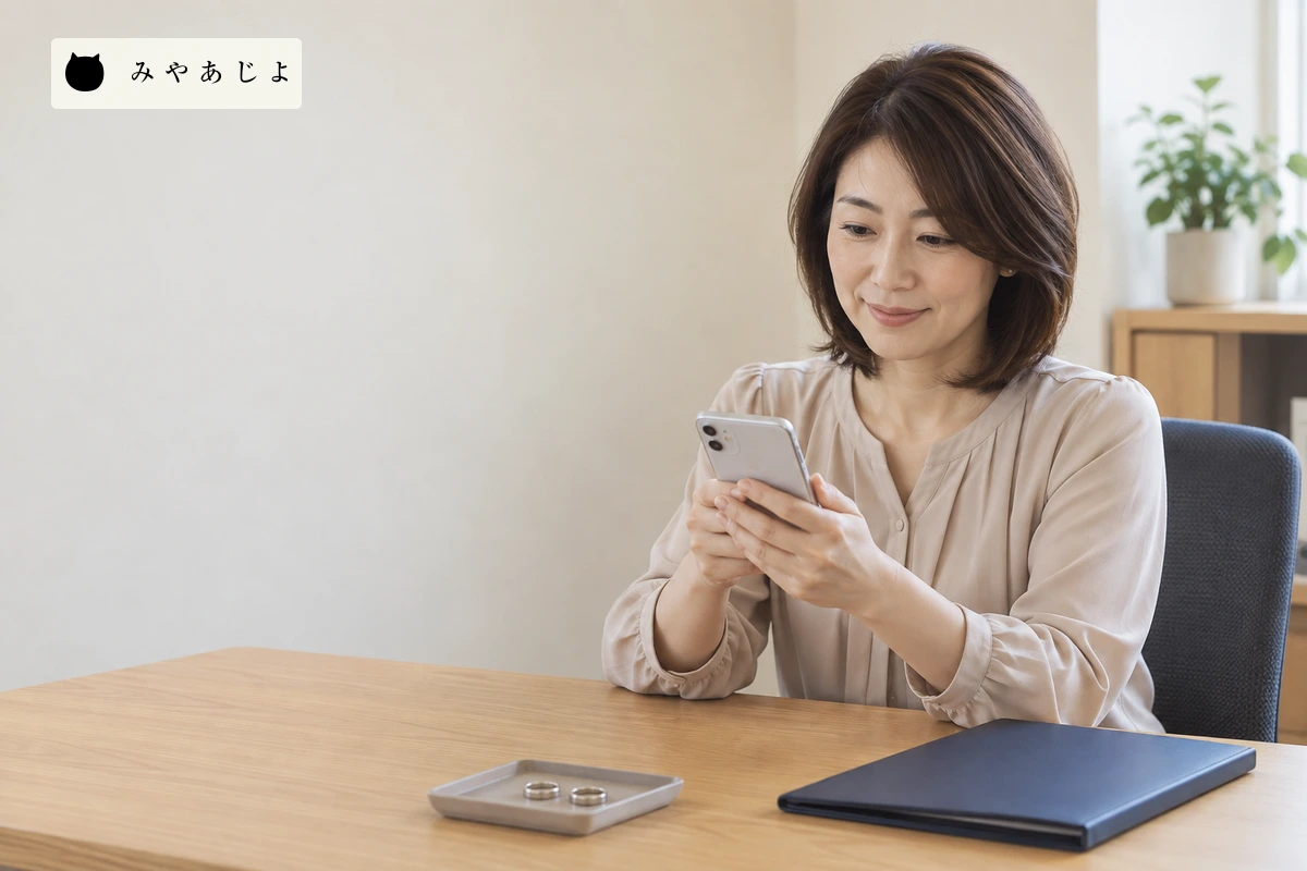 メーカーの相談卓でスマートフォンを持つ女性と部品サンプル。実際の製品や受付資料を示すものではない