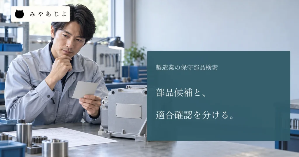 成人製造業担当者が無記名の機器見本と白紙の部品カードを確認する場面