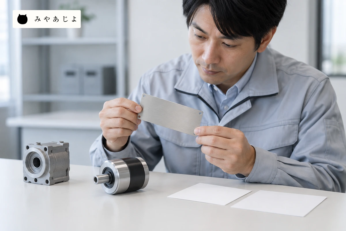 成人製造業担当者が無記名の機器ラベル見本と白紙の部品カードを見比べる場面