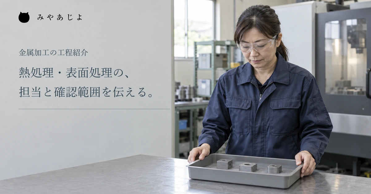 熱処理・表面処理の担当と確認範囲を伝える見出しと、工場で部品トレーを見る担当者