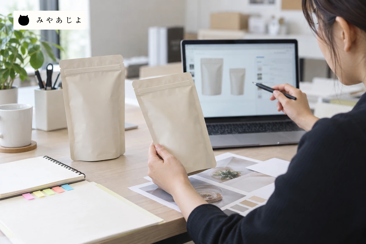 無記名の商品袋とWeb画面を机上で照合する編集場面