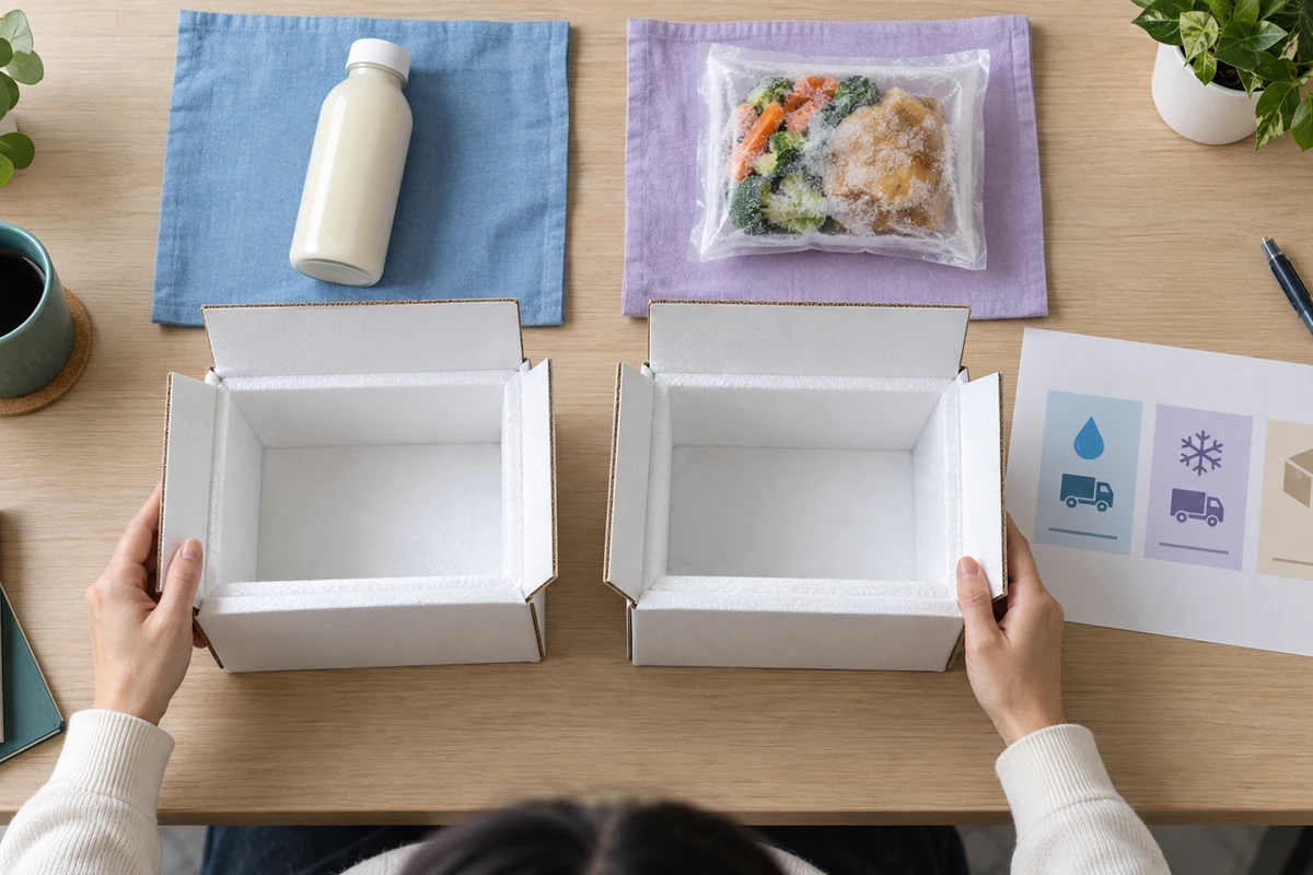 冷蔵と冷凍の無記名商品カード、二つの配送箱、送料欄の紙資料を確認する担当者の手元