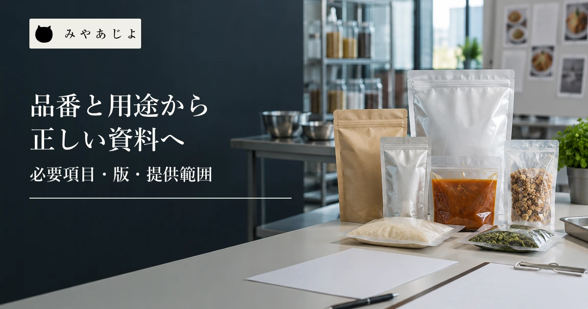 表示のない容量違いの食品パウチと白紙の資料を並べた作業台
