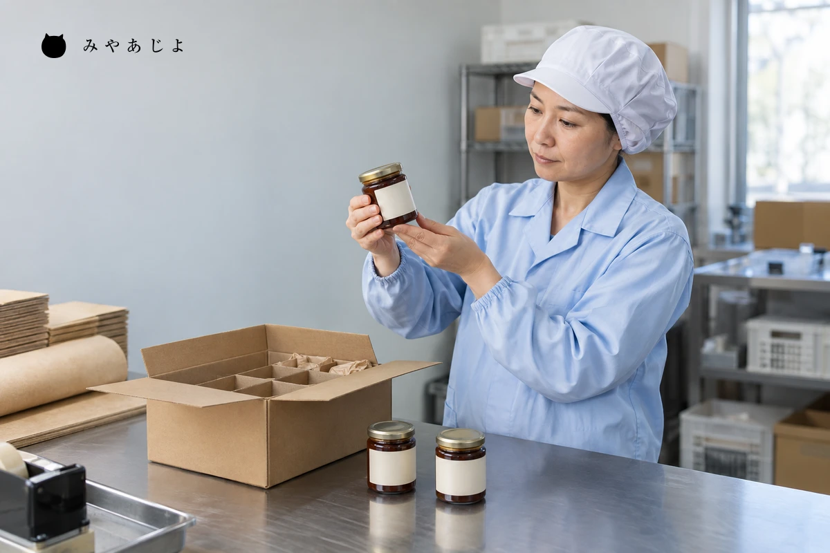 食品出荷担当者が封をした瓶のラベル面を確認する編集イメージ