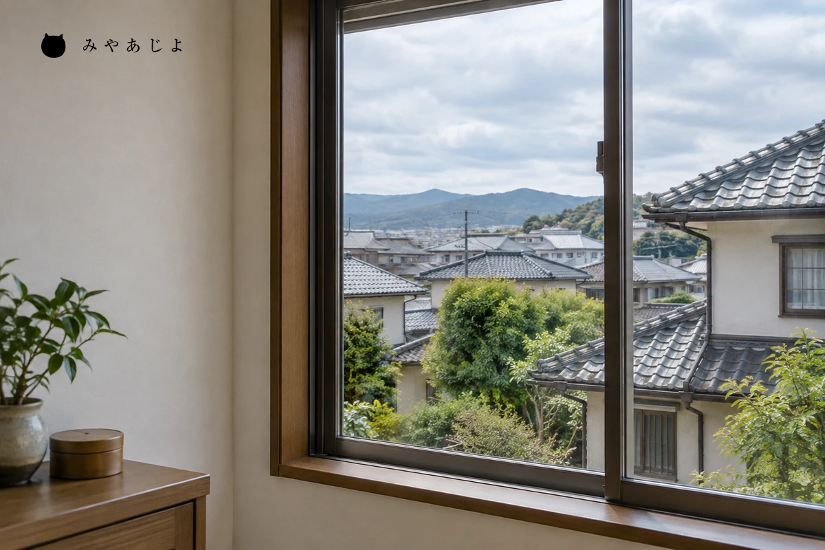 住宅街を見渡せる窓辺のイメージ