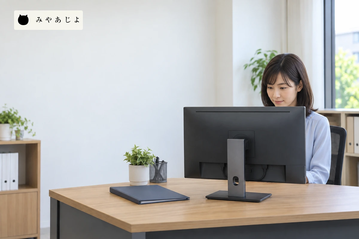 机の向こう側でモニターを確認する店舗担当者。画面や顧客情報は写していない