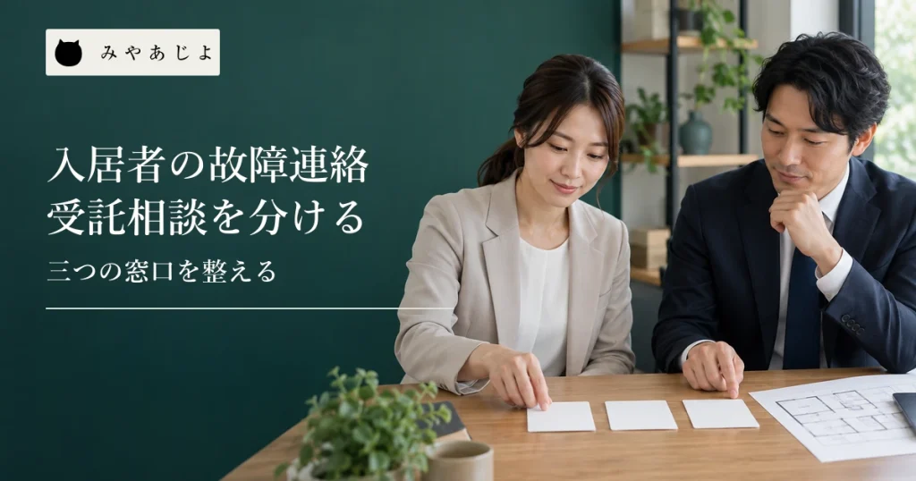 不動産管理会社の担当者が三つの無記名の問い合わせカードを机で整理する様子