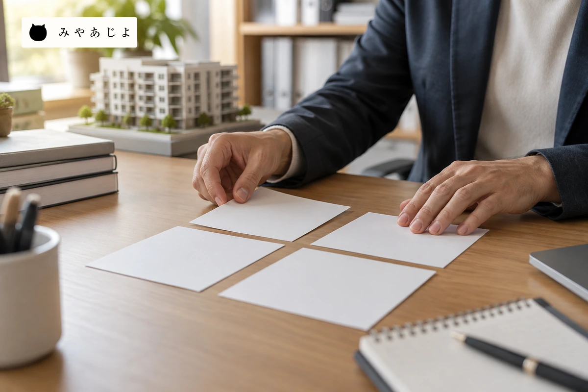 管理会社の事務所で成人スタッフが無記名の建物資料カードを四種類に整理する手元
