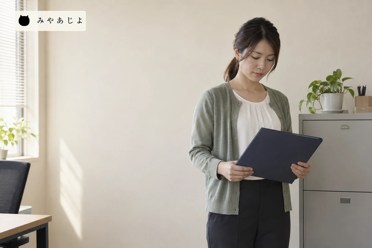 管理会社で閉じた無地ファイルを持つ担当者。入居者の資料や契約書は示していない