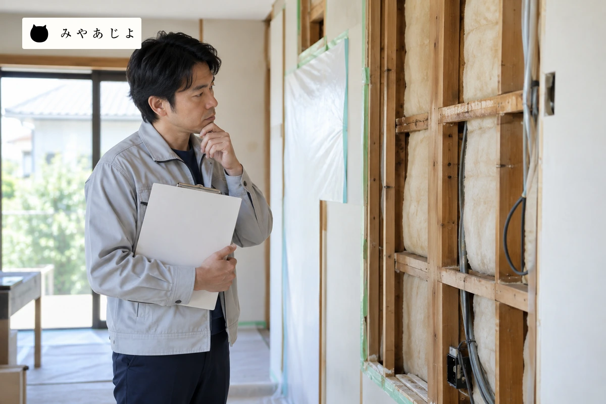 住宅改修現場で成人の担当者が白紙の資料を持ち、開いた壁の状態を見ている場面