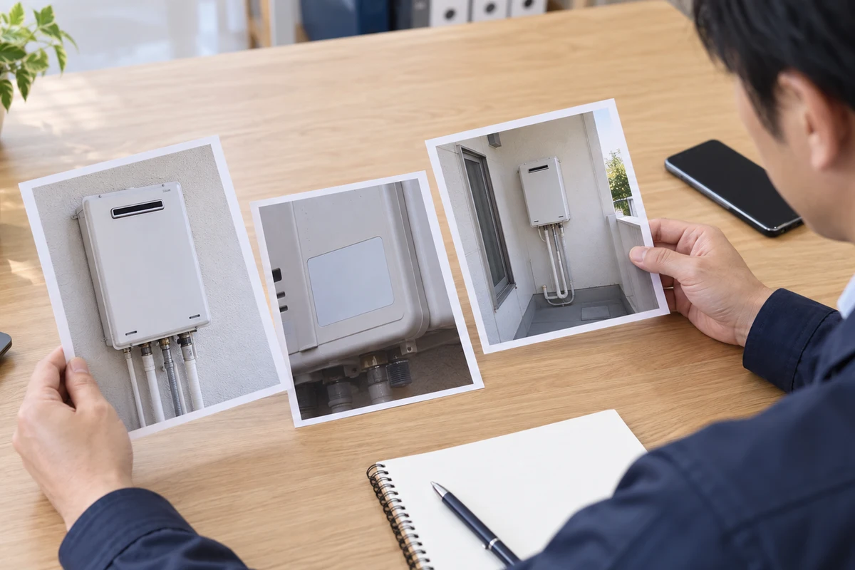 机上で設備の写真と品番メモを照合する住宅リフォームの担当者の手元