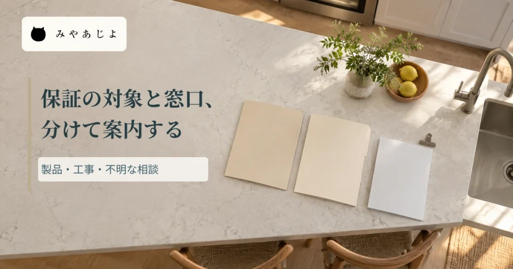 改修したキッチンの無記名の書類の写真に「保証の対象と窓口、分けて案内する」と記した編集イメージ