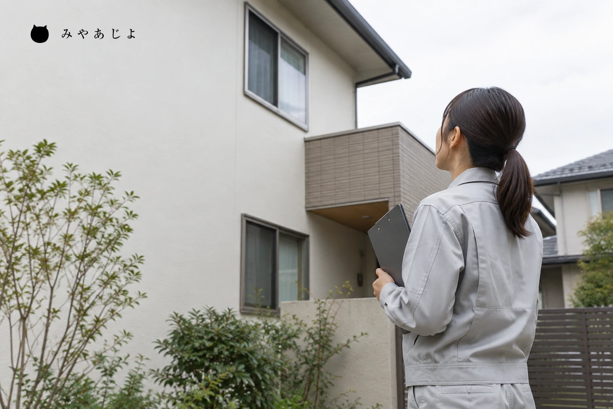建物の前で相談対象を確認する塗装会社担当者のイメージ