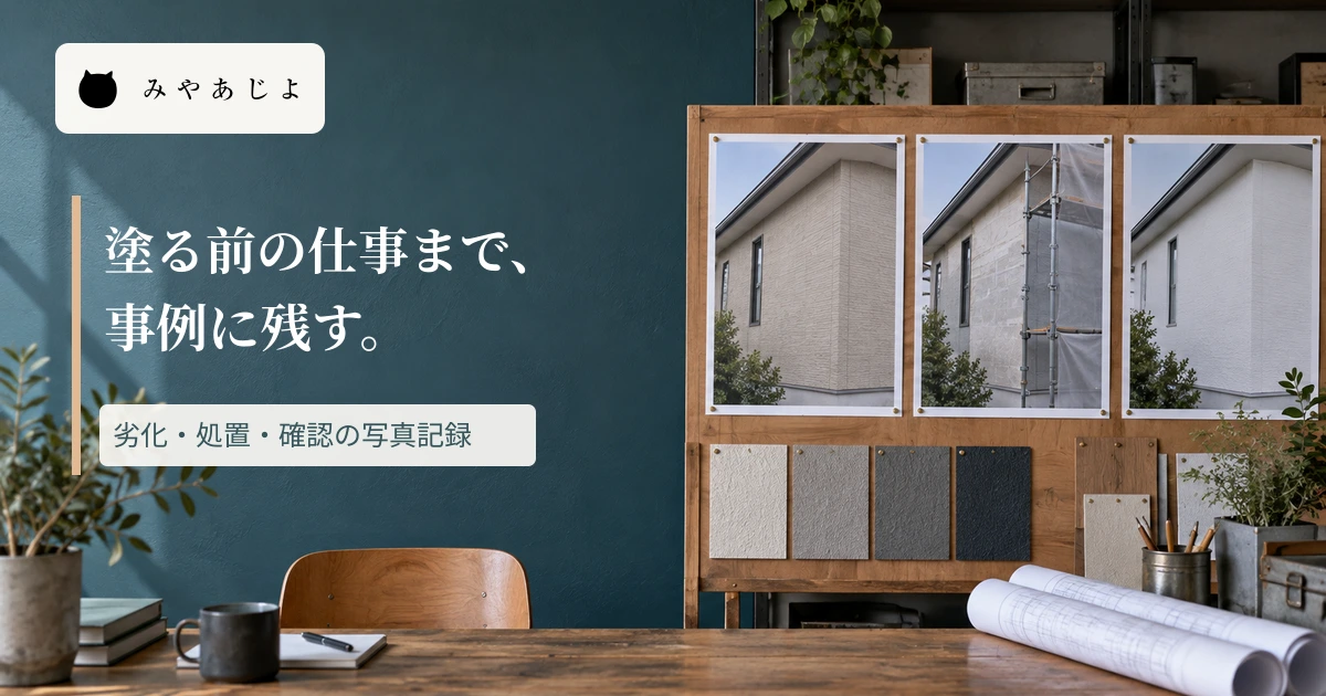 外壁写真を工程順に掲示した塗装会社の編集室に「塗る前の仕事まで、事例に残す」と記した画像