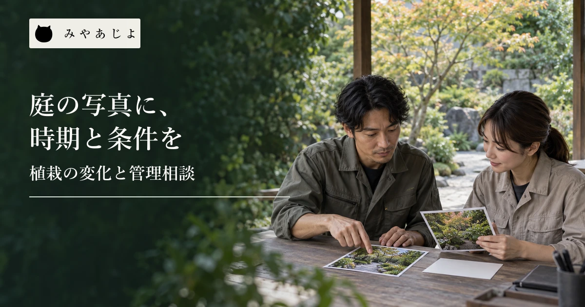 造園会社の担当者が無記名の植栽写真と撮影時期のカードを照合する場面