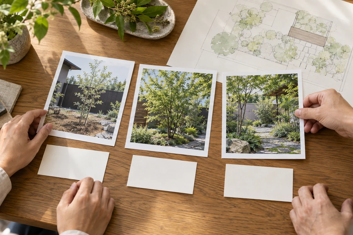 造園担当者が植栽写真の候補と無記名の説明カードを机上で選ぶ手元