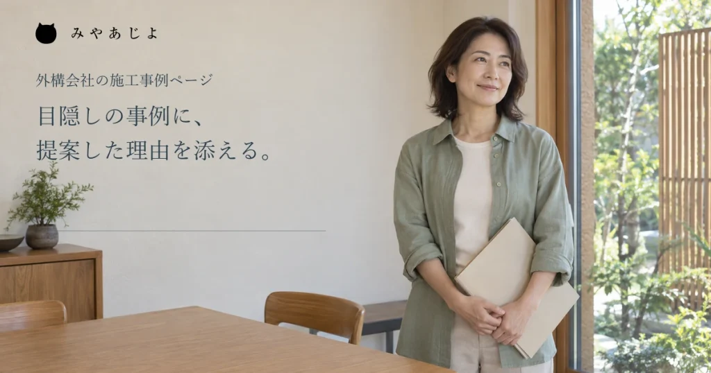 目隠しの事例に提案理由を添える見出しと、造園会社で閉じたファイルを持つ担当者