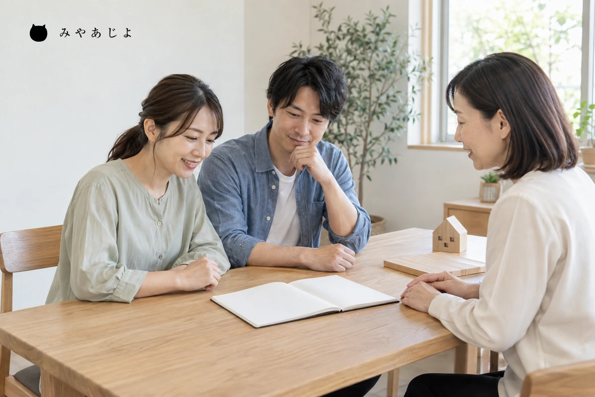 住宅の相談者二人と担当者が資料を広げて話す編集イメージ