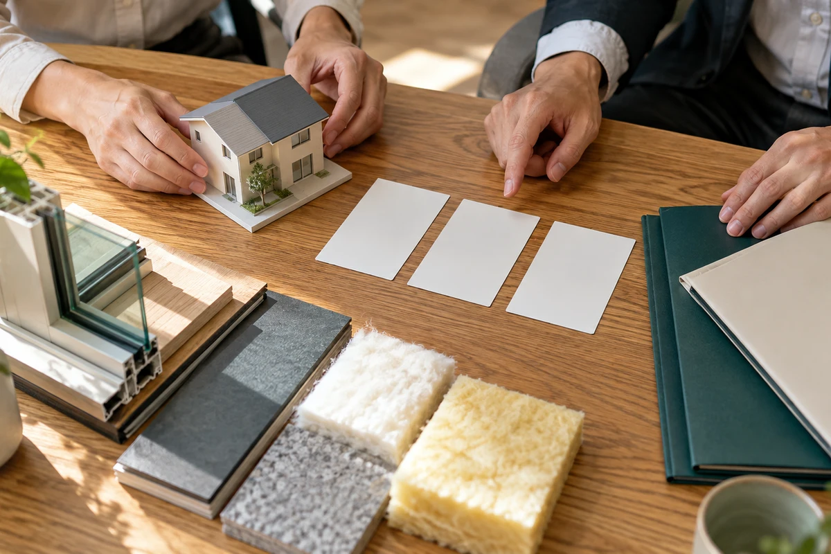住宅模型と無記名の資料、建材見本を並べて掲載内容を確認する手元