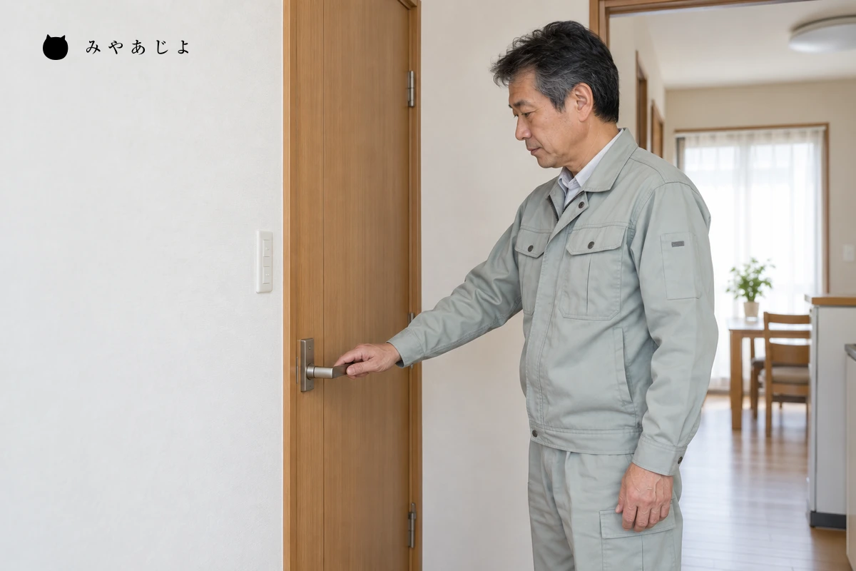 住宅の室内で建具の状態を確認する担当者の架空イメージ
