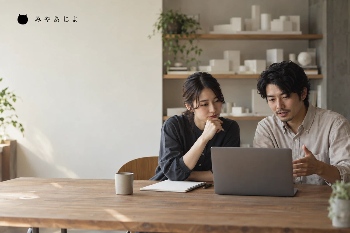 相談案内と入力項目を検討する設計事務所スタッフ