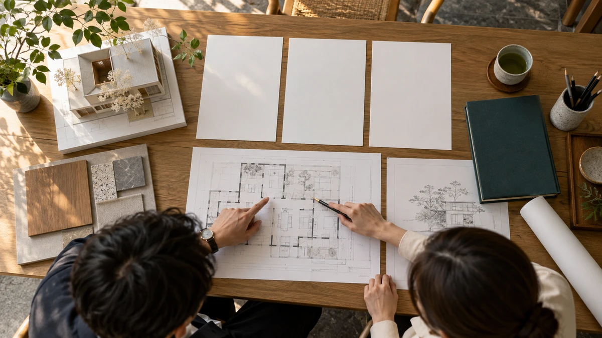 建築図面の変更箇所を二人で確認する設計机の画像