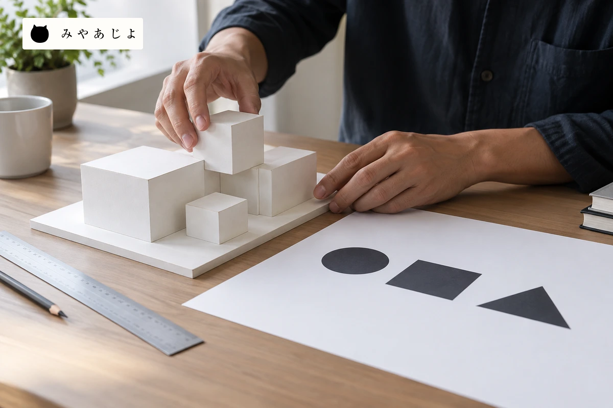 設計担当者が文字のない住宅模型と抽象的な関係図を机で確認する場面