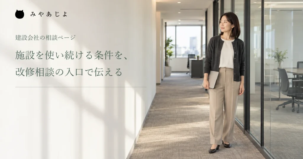 施設の使い方を確認するため事務所の廊下を見渡す担当者の架空イメージ