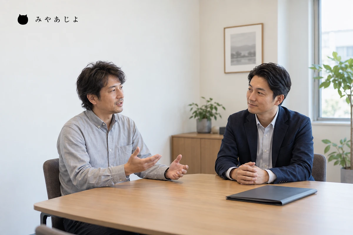 施設の利用条件を打ち合わせる二人の担当者の架空イメージ