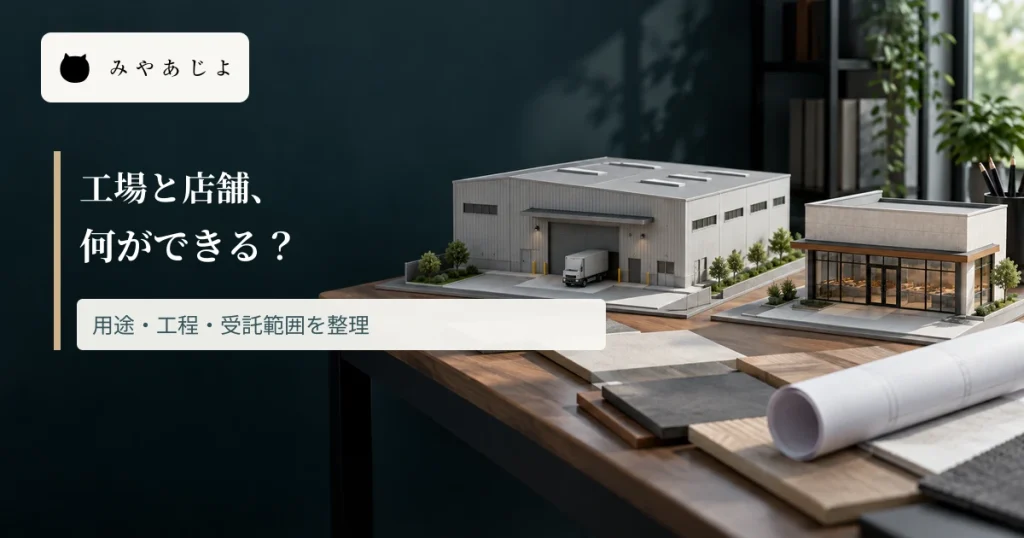 工場と店舗の建築模型に対応範囲を分ける見出しを重ねた画像