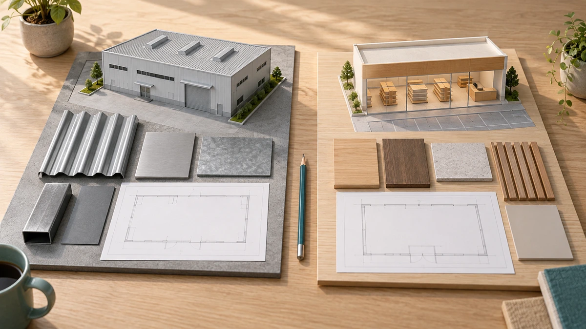 工場と店舗の建築模型と素材を別々のボードに並べた机