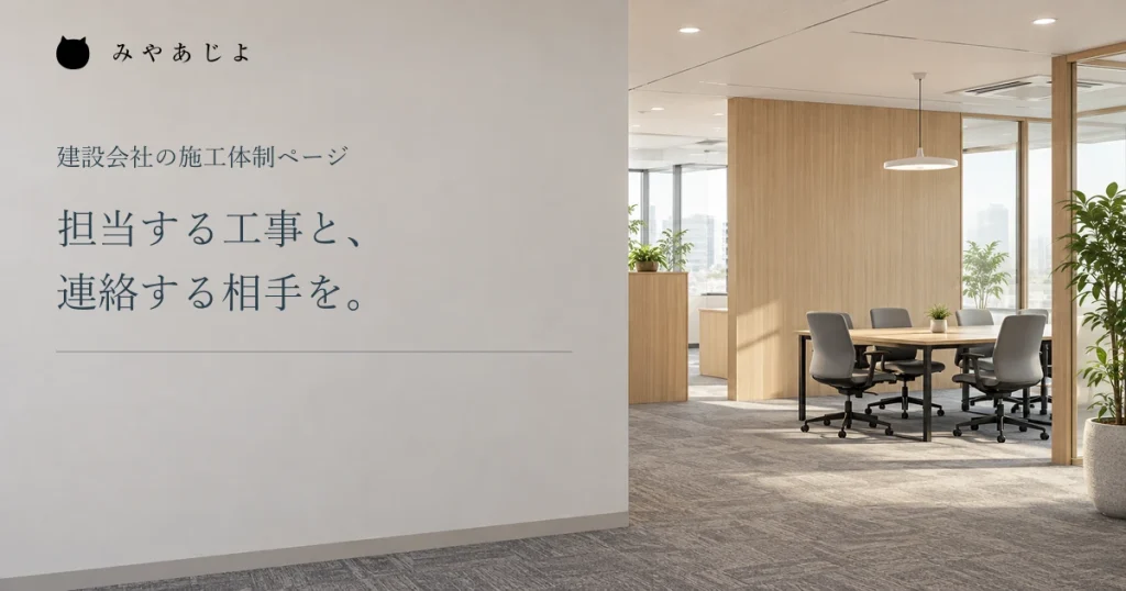 担当する工事と連絡する相手を伝えるという見出しと事務所