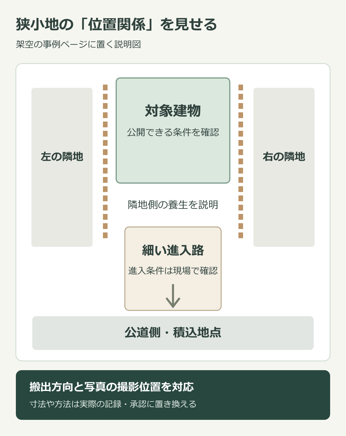 公道側の積込地点から細い進入路を経て対象建物へ至り、隣地側の養生と搬出方向を示す位置関係図