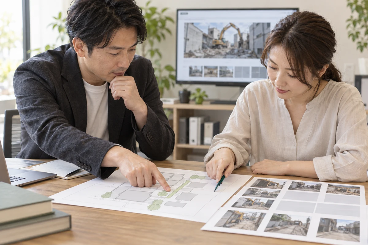 二人のWeb担当者が無記名の敷地図と工事写真の配置案を机上で確認する場面