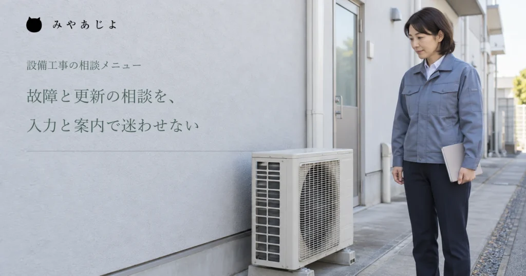 屋外の閉じた空調機を確認する設備担当者の架空イメージ