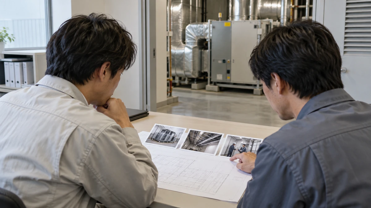 設備工事担当者が無記名の図面と施工写真を見比べる写真